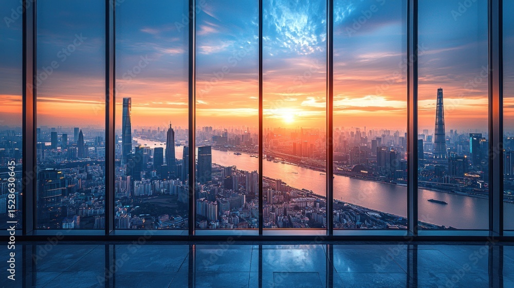 Fototapeta premium Panoramic city view at sunset through large windows