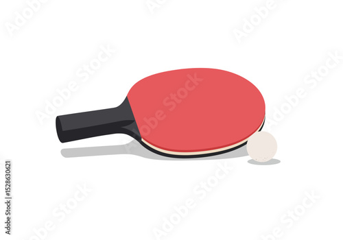 Table tennis paddle with a red face and black handle next to a white ping pong ball casting a shadow