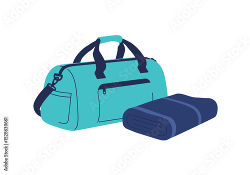 Teal duffel bag and rolled navy mat on a white background