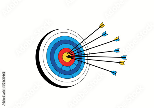 Target with 7 arrows hitting the bullseye colored rings and a black and white outline