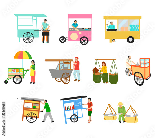 A detailed illustration set of Indonesian street food cart vendors, showcasing various traditional carts and sellers with popular local dishes. Ideal for culinary visuals, cultural themes, and food