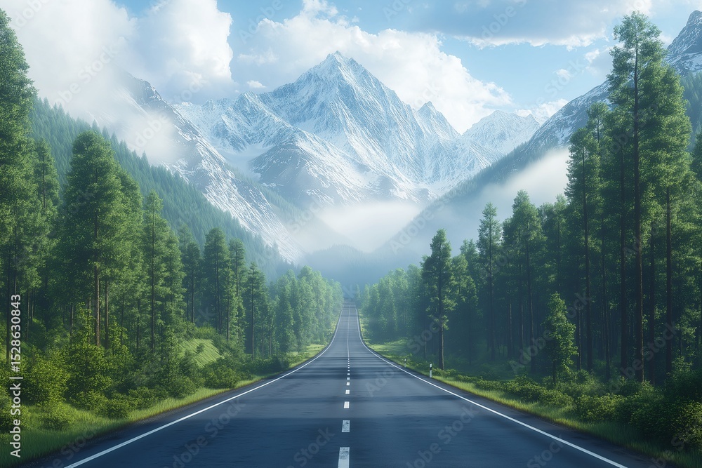 Fototapeta premium Scenic Mountainous Road with Lush Greenery and Breathtaking Views. Nature and Travel Photography at Its Best