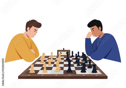 Vector Two people playing chess with a chess clock on a chessboard