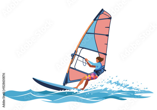 Vector Windsurfer riding ocean waves with sail in a dynamic colorful illustration