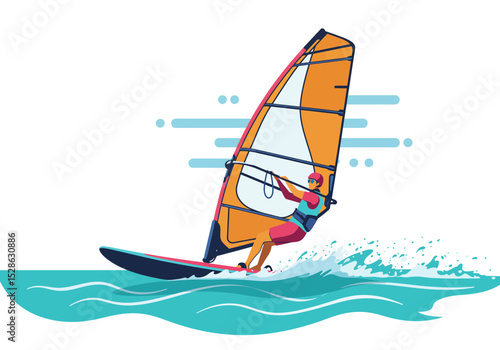 Vector Windsurfer on teal water orange sail and board against a white backdrop