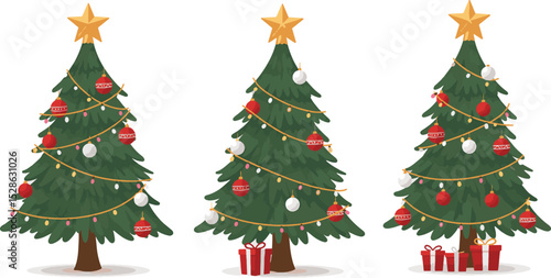 Cheerful Christmas trees decorated with ornaments  stars
