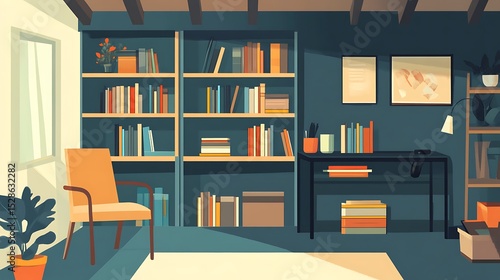 Wallpaper Mural Cozy home library interior scene with bookshelves, chair, and desk. Torontodigital.ca