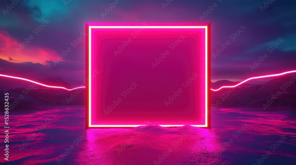 a surreal vista featuring a vibrant pink neon square against a backdrop of rolling hills and a dramatic sunset sky with swirling clouds illuminated by soft pink hues a surreal vista featuring a vibrant pink neon square against a backdrop of rolling hills and a dramatic sunset sky with swirling clouds illuminated by soft pink hues