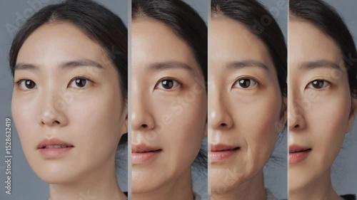 A composite image showing the aging process of an East Asian woman, from youth to elderly, symbolizing time and beauty.