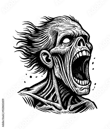 Screaming Zombie Illustration in Detailed Black and White Engraving Style