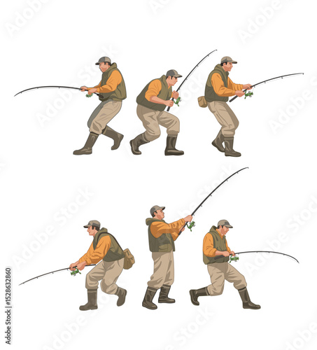 group of fishermen fishing isolated on white