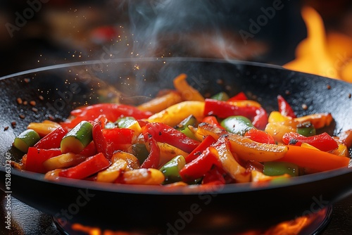 Colorful Bell Peppers Sizzling in a Hot Frying Pan. Vibrant Vegetarian Stir-Fry for Healthy Home Cooking