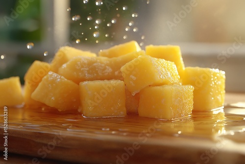 Refreshing Organic Mango Cubes on Wooden Board - Fresh Sweet Tropical Fruit Perfect for Juicy Summer Recipes and Vegan Cuisine