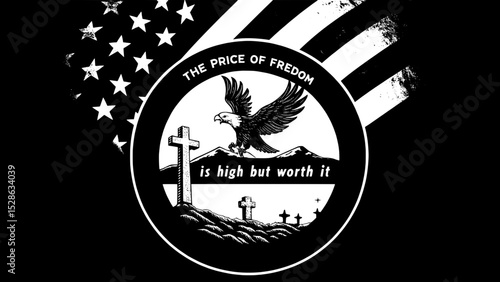 Create a centered t-shirt graphic showing a three-quarter view of a soaring eagle above a battlefield cross, with the quote "THE PRICE OF FREEDOM IS HIGH, BUT WORTH IT" around a circular emblem, in pa