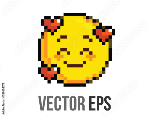 8 bits pixel art yellow smiling face with hearts flat icon