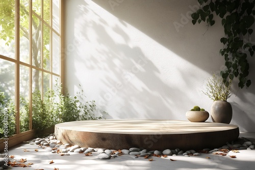 Modern Minimalist Interior Design with Natural Elements. A Serene Fusion of Wood, Light, and Greenery