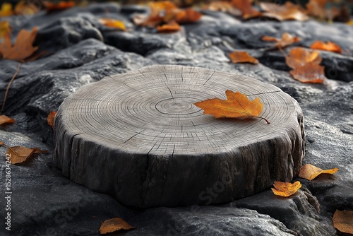 Autumn Wood Stump with Leaves. Nature's Scenic Texture in the Forest