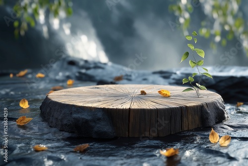 Serene Wood and Tree Stump in Tranquil Forest. Vibrant Seasonal Landscape in Nature's Renewal