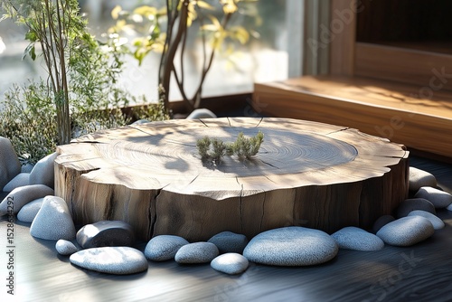 Modern Rustic Interior Design. Zen Garden with Wood and Stone Elements for Tranquil Home Decor