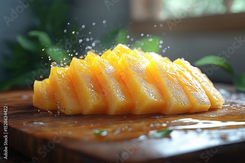 Vibrant Sliced Mango Splash on Wooden Board. A Fresh, Organic, and Healthy Snack Perfect for Culinary Delights and Food Photography