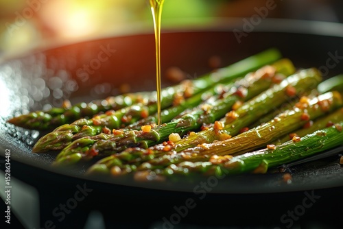 Healthy Cooking with Sauted Green Asparagus in Olive Oil - Close-Up Food Photography with Fresh Ingredients in Frying Pan