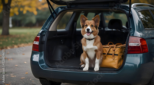 dog sitting in car trunk with luggage,generative.com