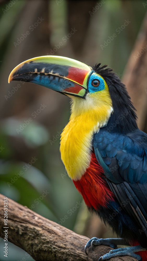 Fototapeta premium Close Up Portrait of a Channel Billed Toucan Perched on a Branch in a Tropical Rainforest Environment
