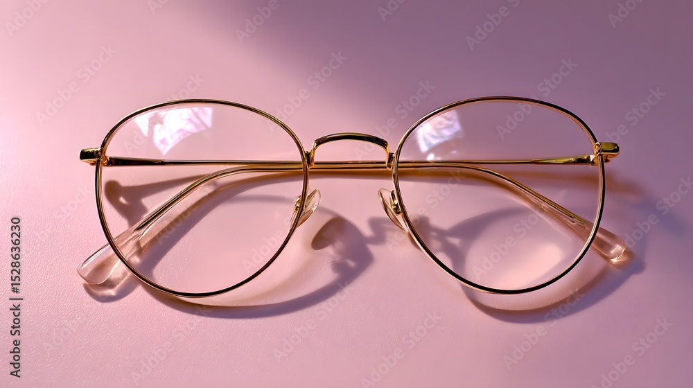 Fototapeta premium Elegant Round Gold-Rimmed Eyeglasses on a Soft Pink Background with Gentle Lighting