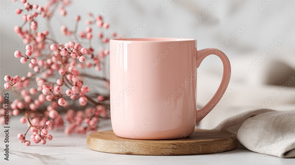 a pink mug with flowers. a pink mug with flowers.