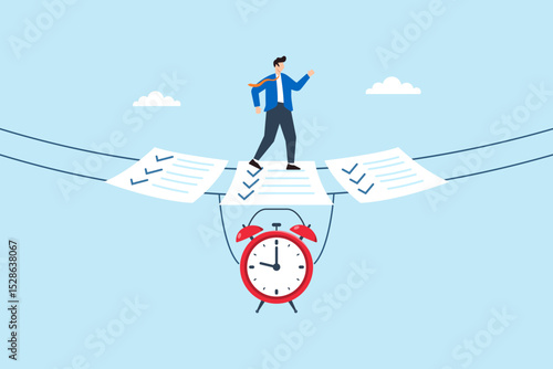 Flat illustration of businessman walking on checklist bridge suspended by alarm clock for concept of time management and task planning