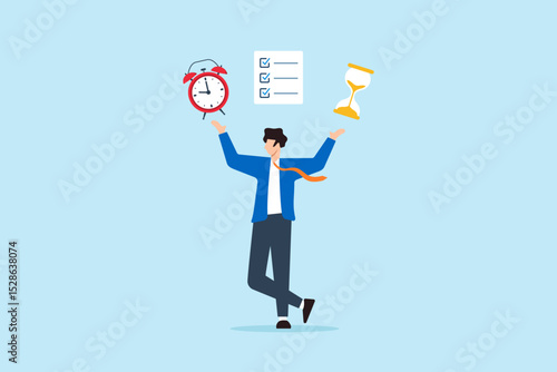 Flat illustration of businessman juggling alarm clock, hourglass, and checklist to manage business time pressure and schedule