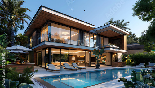 Wallpaper Mural a modern house with a large blue swimming pool, surrounded by white and blue chairs, and shaded by white umbrellas, set against a clear blue sky Torontodigital.ca