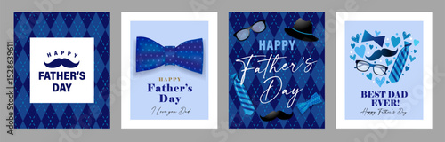 Happy Fathers Day creative greeting cards set 2025. I love you dad and Best Dad Ever vector illustration for Happy Father's Day with mustache, glasses, hat, necktie and bow tie