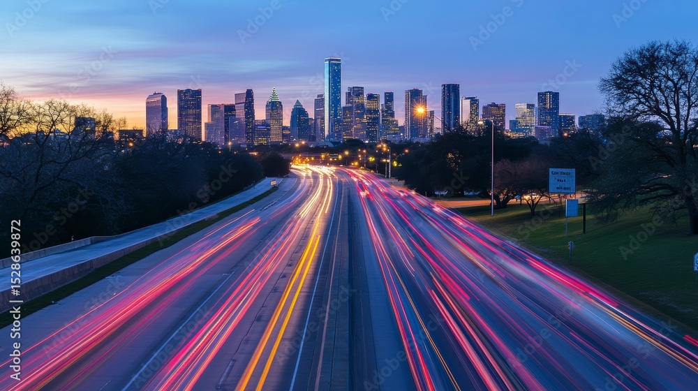 Obraz premium City skyline at dawn with light trails on highway.