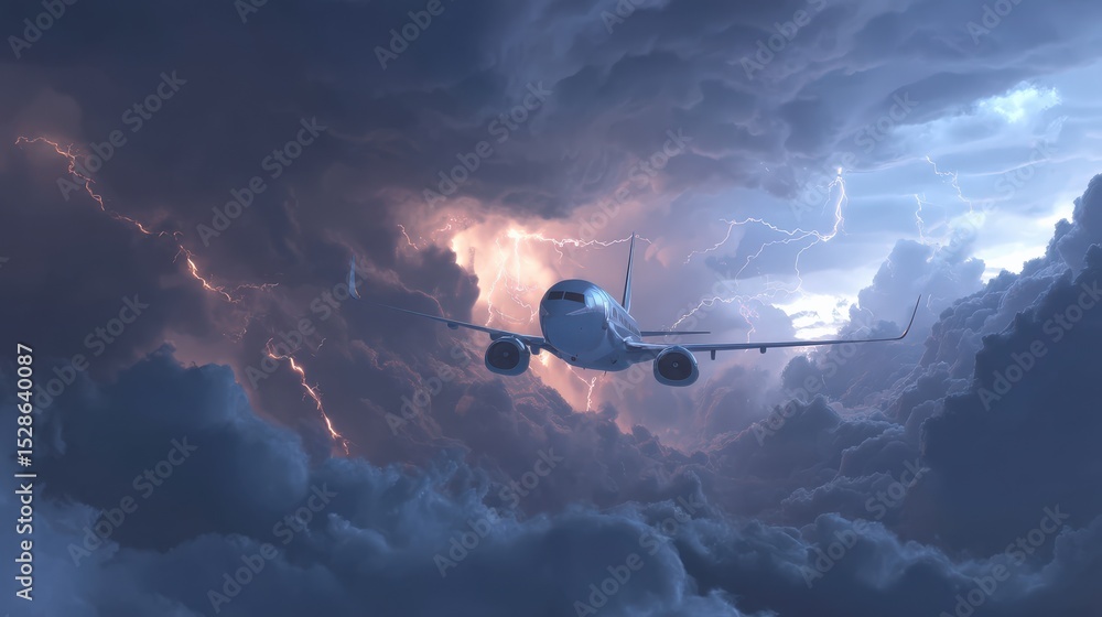 Fototapeta premium Airplane Flying Through Stormy Clouds with Lightning Effects