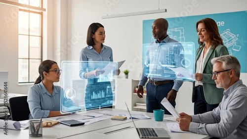 A diverse team collaborates around a table using holographic displays showcasing data visualizations and technical blueprints during a meeting in a modern, bright office