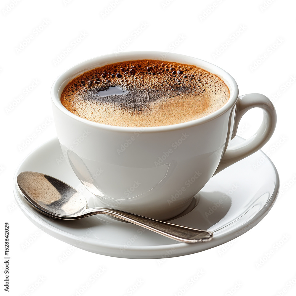 Fototapeta premium Elegant white cup filled with frothy coffee on a matching saucer