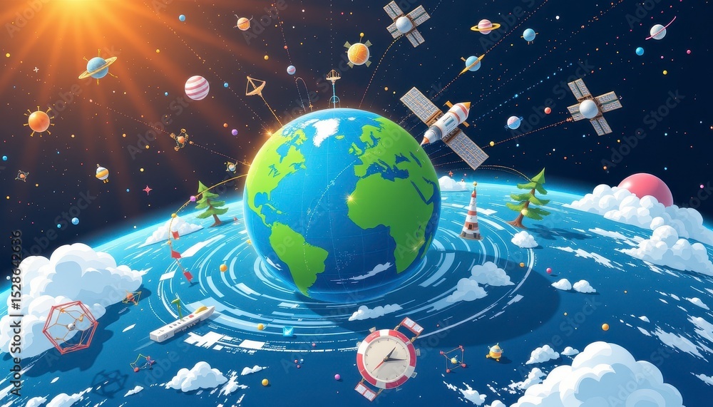 Naklejka premium Vibrant Illustration of Earth Surrounded by Planets, Satellites, and Cosmic Elements in a Stunning Space Scene