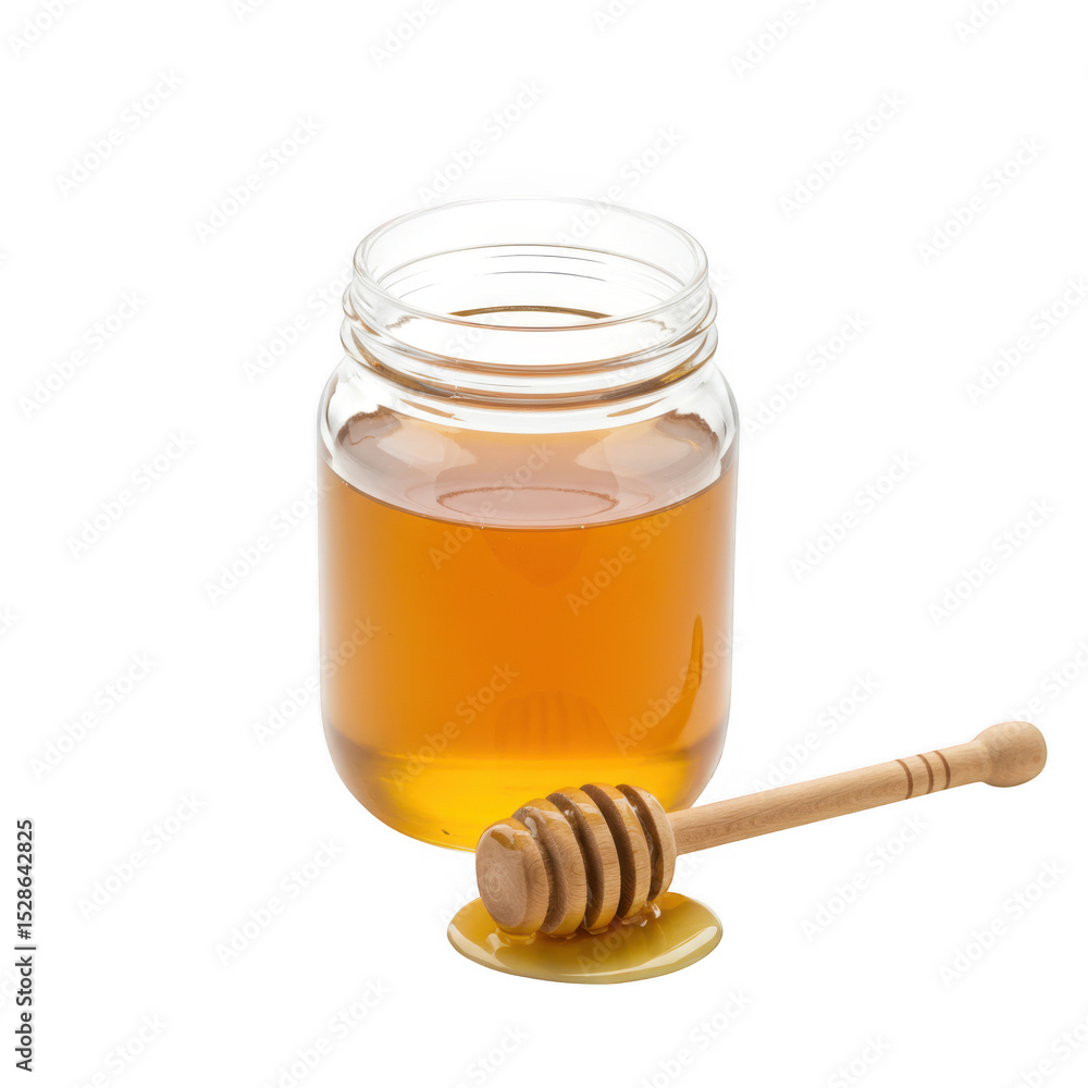 Honey jar with wooden honey dipper isolated on transparent background Honey jar with wooden honey dipper isolated on transparent background