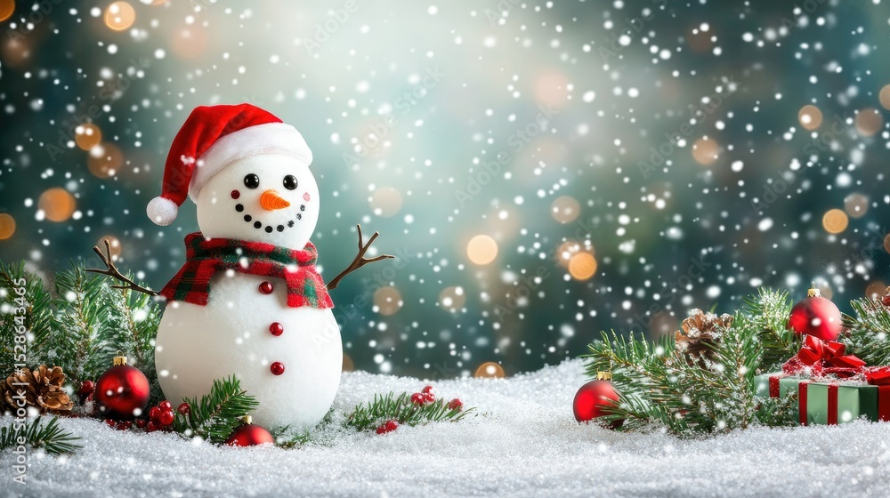 Happy snowman standing in christmas landscape. Snow background with copy space Happy snowman standing in christmas landscape. Snow background with copy space