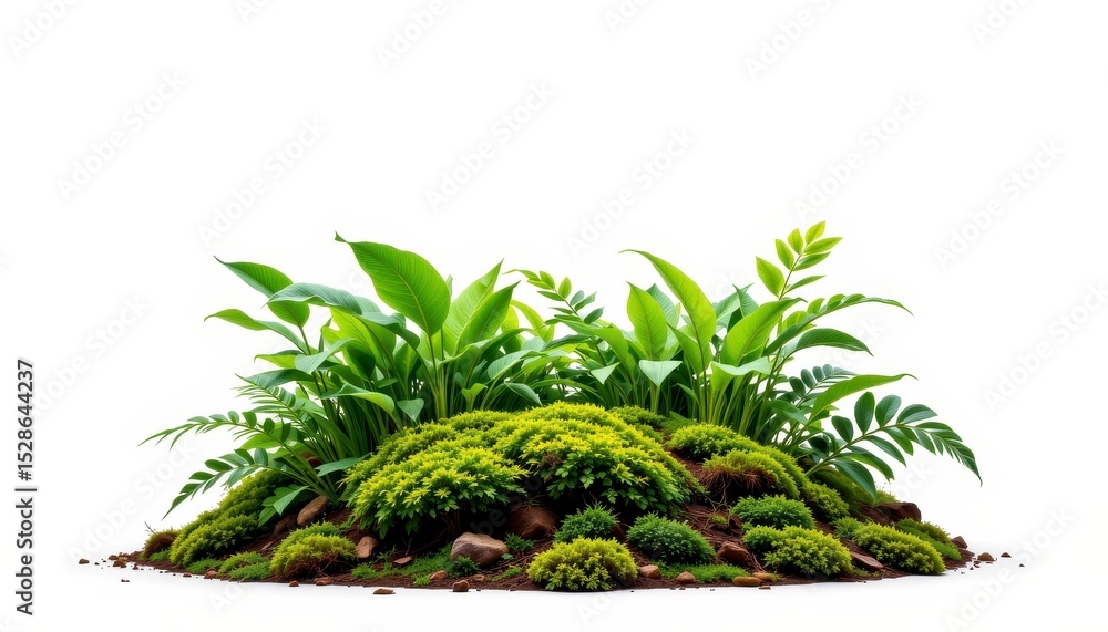 Fototapeta premium Lush Greenery in a Natural Landscape with Vibrant Plants and Soft Moss on a White Background