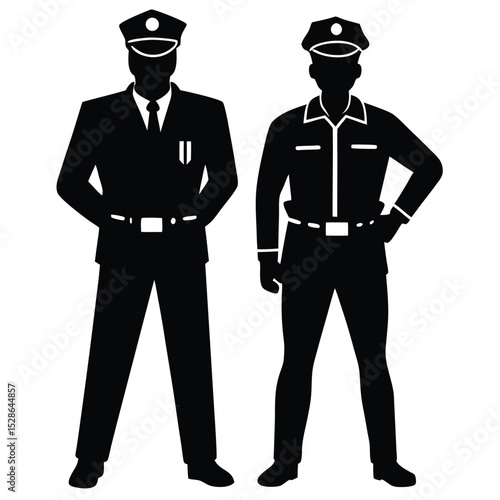 Silhouettes of two policemen in uniforms standing side by side on a white background