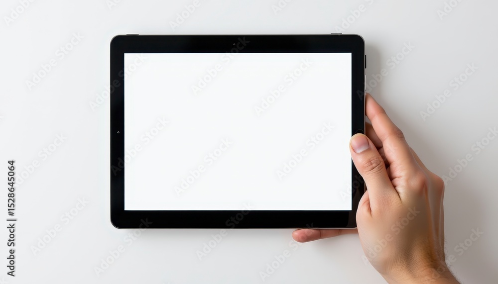 Hand Holding Black Tablet with Blank Screen on White Background for Digital Display or Mockup Usage