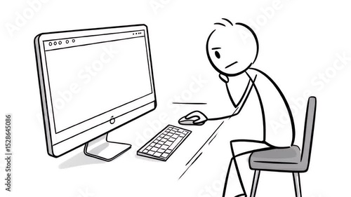 Stick Figure Working at Computer Looks Worried with Sketch Website on Monitor