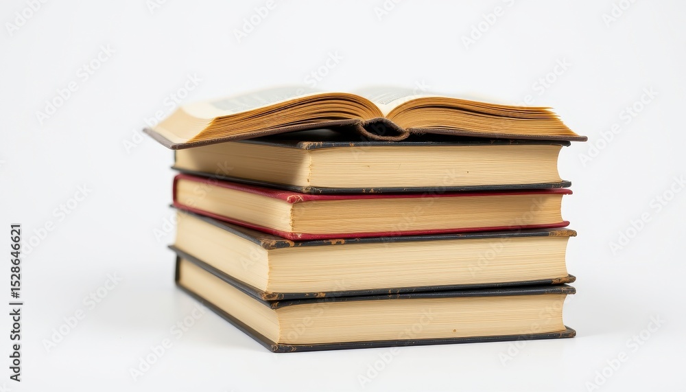 Stack of Antique Books with Open Pages Showcasing Vintage Literature on a Clean White Background Stack of Antique Books with Open Pages Showcasing Vintage Literature on a Clean White Background