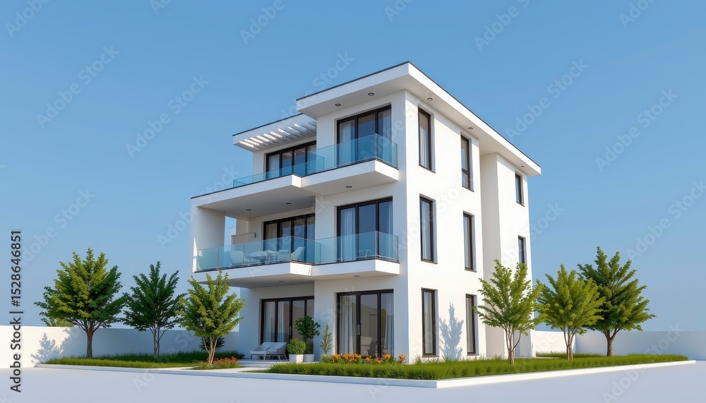 Fototapeta premium Modern Two-Story House with Glass Balconies and Green Landscape in Bright Blue Sky