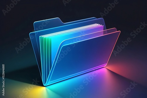 Neon glowing glass folder icon with stacked files digital data storage concept