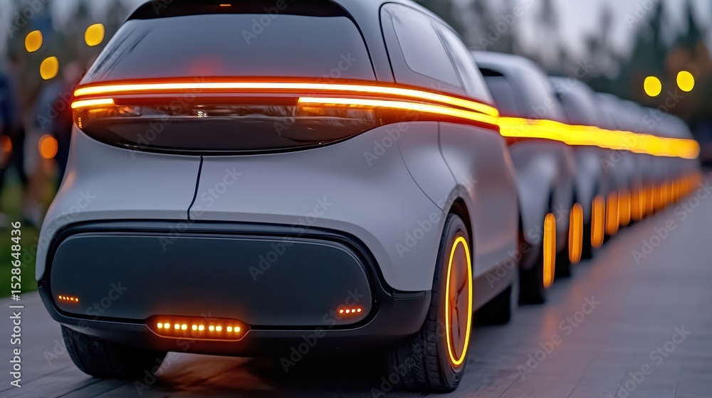 Obraz premium Futuristic Silver Cars with Orange Lights Driving at Night