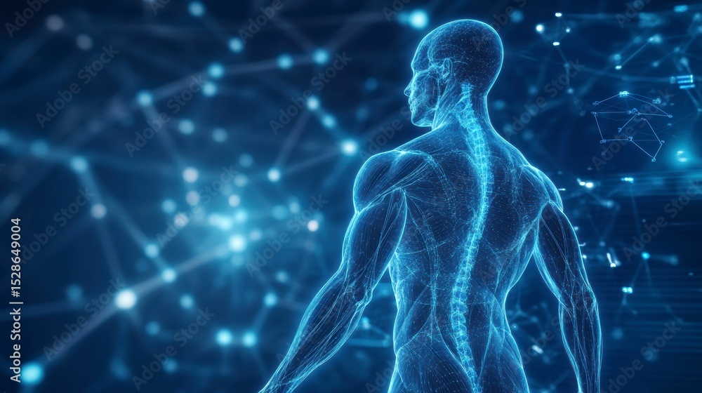 Digital human anatomy model, glowing blue, network background. Digital human anatomy model, glowing blue, network background.
