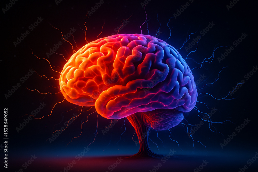 AI generated realistic sci fi brain glowing in vivid colors with electric nerve patterns symbolizing artificial intelligence data flow and human neural power AI generated realistic sci fi brain glowing in vivid colors with electric nerve patterns symbolizing artificial intelligence data flow and human neural power